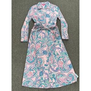 Lilly Pulitzer Dress Womens 8 Pink Mira Tropics Paisley Belted Collared Midi